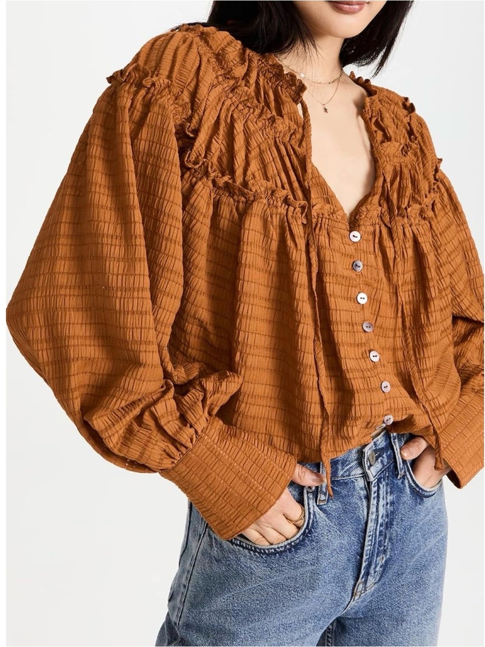 Free People Hailey Blouse Glazed Ginger Textured Peasant Boho Festival Fall Top